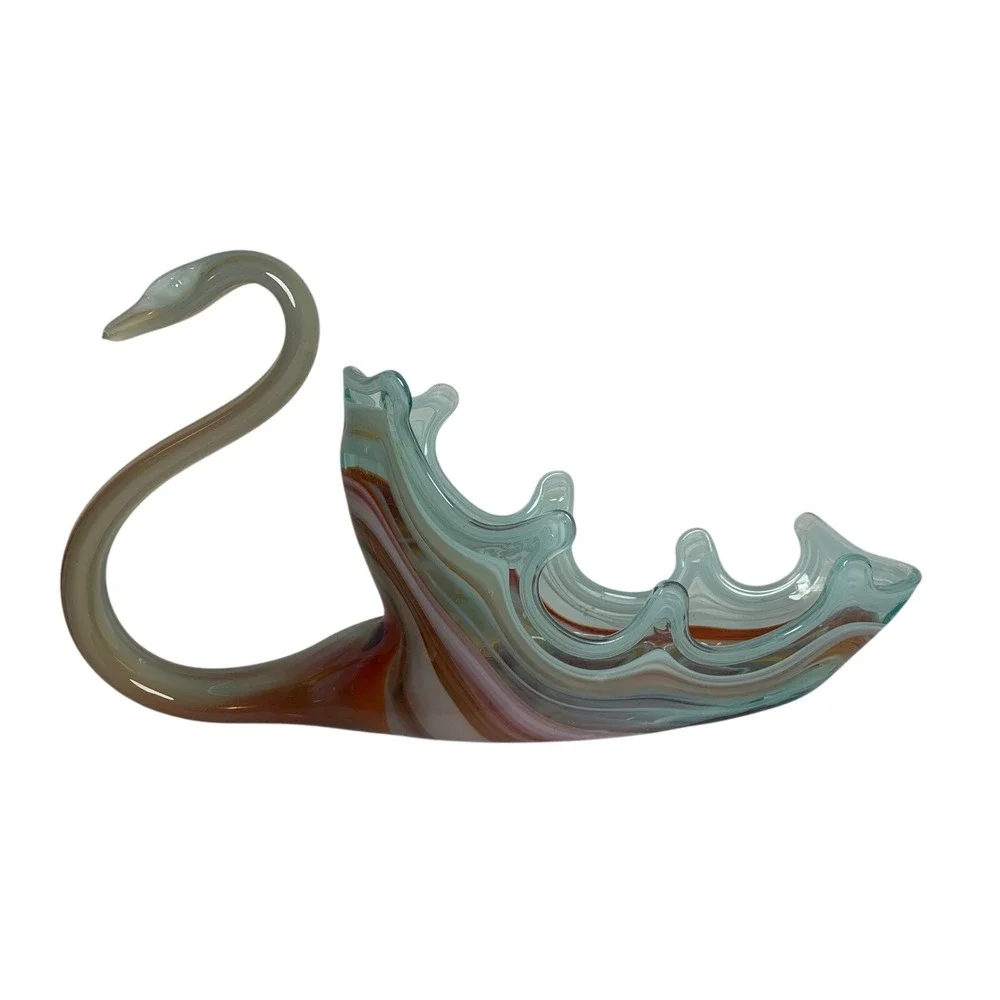 Vintage Hand Blown Art Glass‎ Swan Bowl Multi Color Slag Glass Centerpiece 13